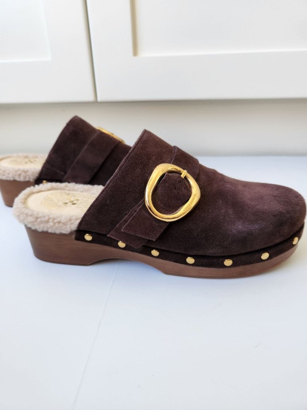 Vince Camuto Canzenee Brown Suede Shearling Sherpa Clogs Comfy Cozy Cute Boho - Picture 4 of 9